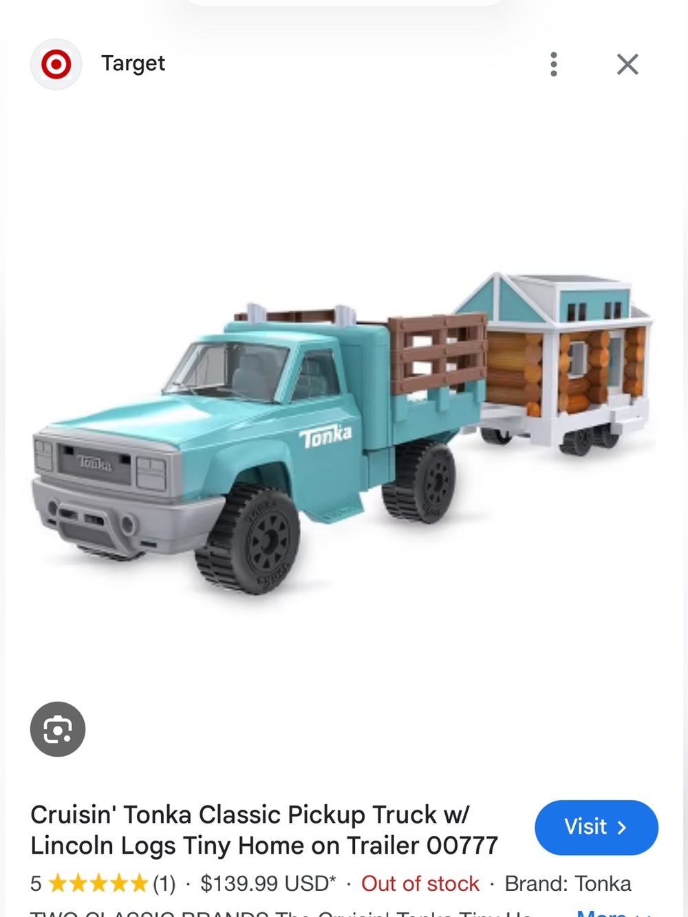 Tonka Lincoln Logs Teal Pickup Truck with Brown Trailer and White Tiny Home USED